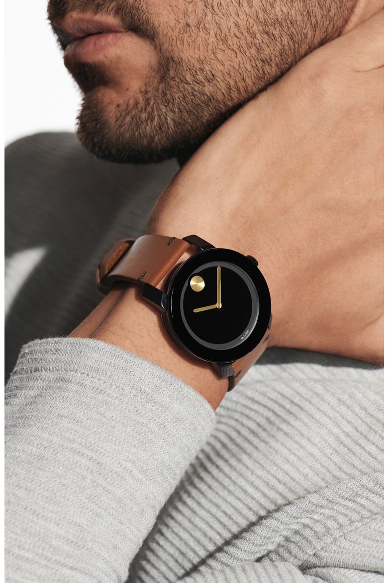 'Bold' Leather Strap Watch, 42mm, Alternate, color, BLACK