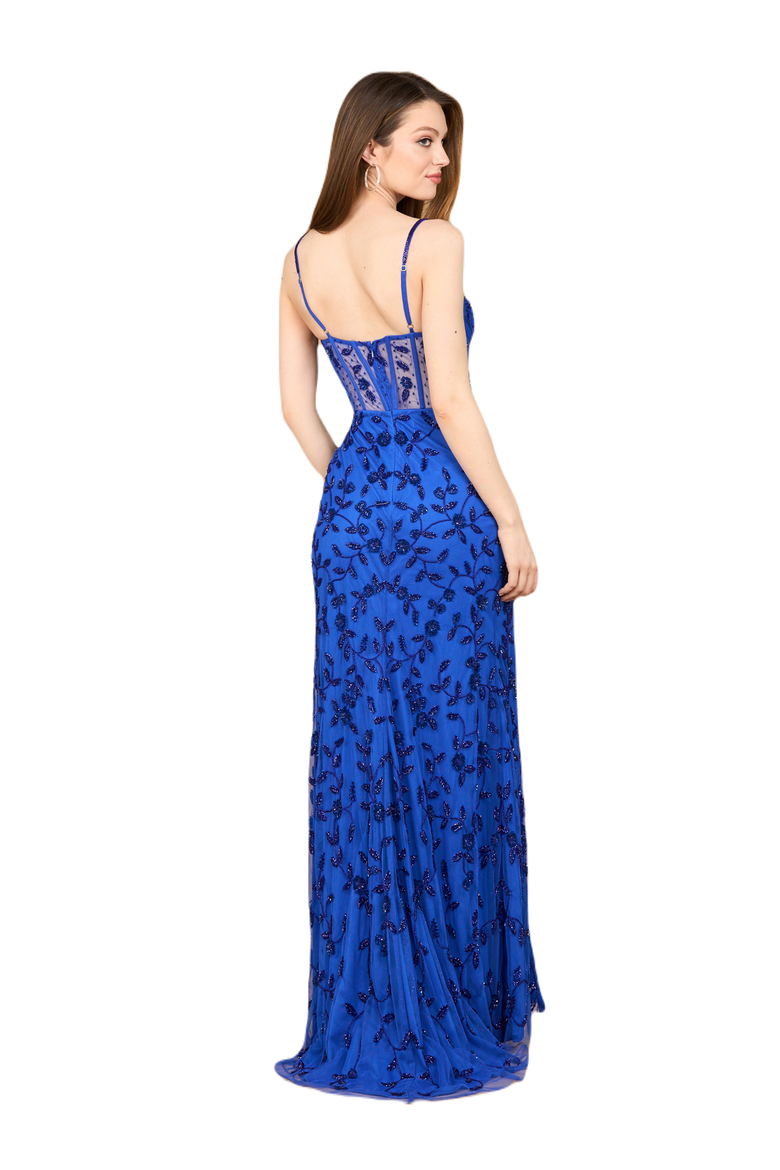 Beaded Corset Gown with Slit, Alternate, color, Royal Blue