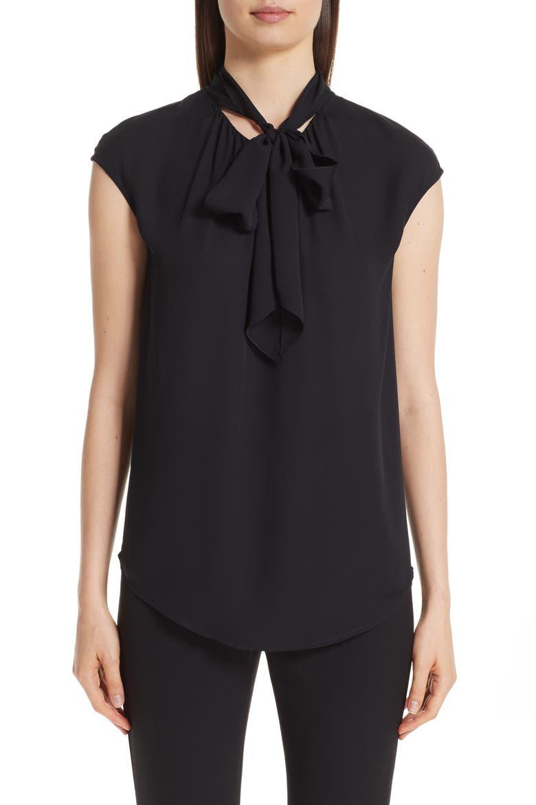 Tie Neck Double Silk Georgette Shell, Main, color, CAVIAR