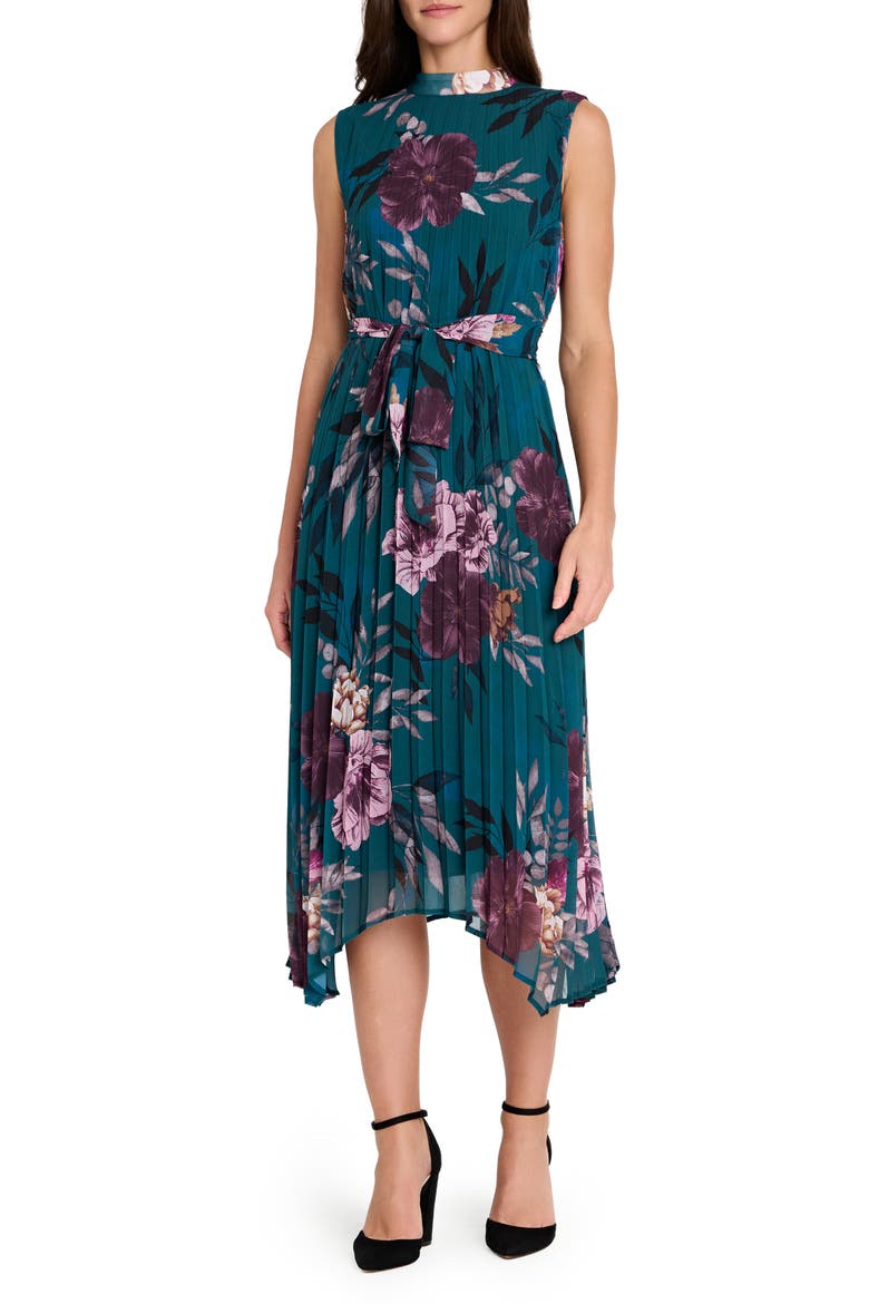Floral Pleated Midi Dress, Main, color, OCEAN TEAL