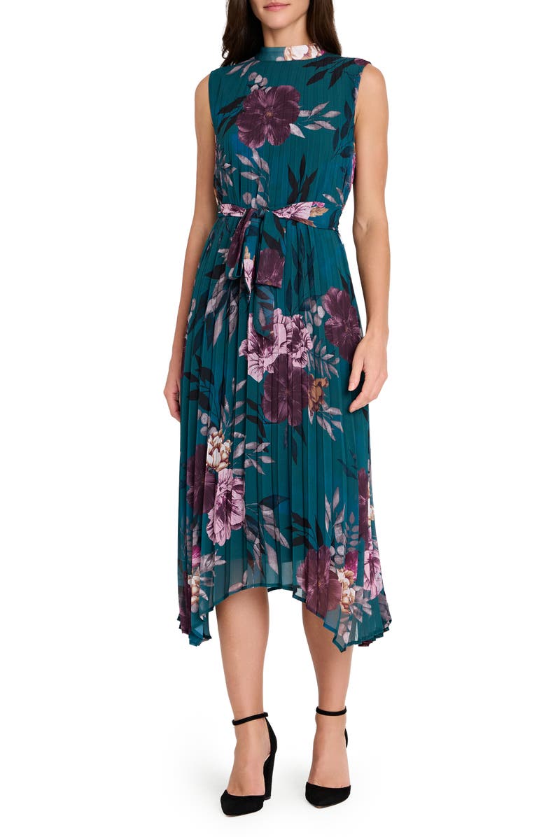 Tahari ASL Floral Pleated Midi Dress, Main, color, Ocean Teal
