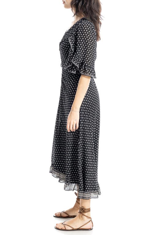 Max Studio Ruffle Sleeve Midi Dress In Black Ring Round Spots