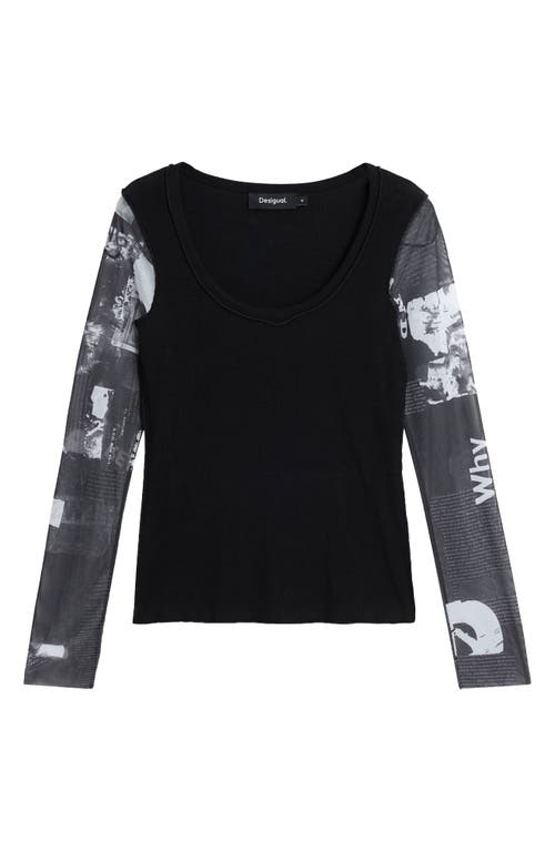 Desigual Mesh Sleeve Crop T-shirt In Black