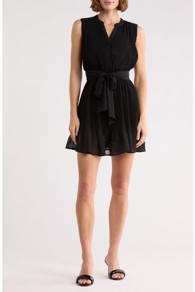 Pleated Tie Waist Dress, Main, color, BLACK