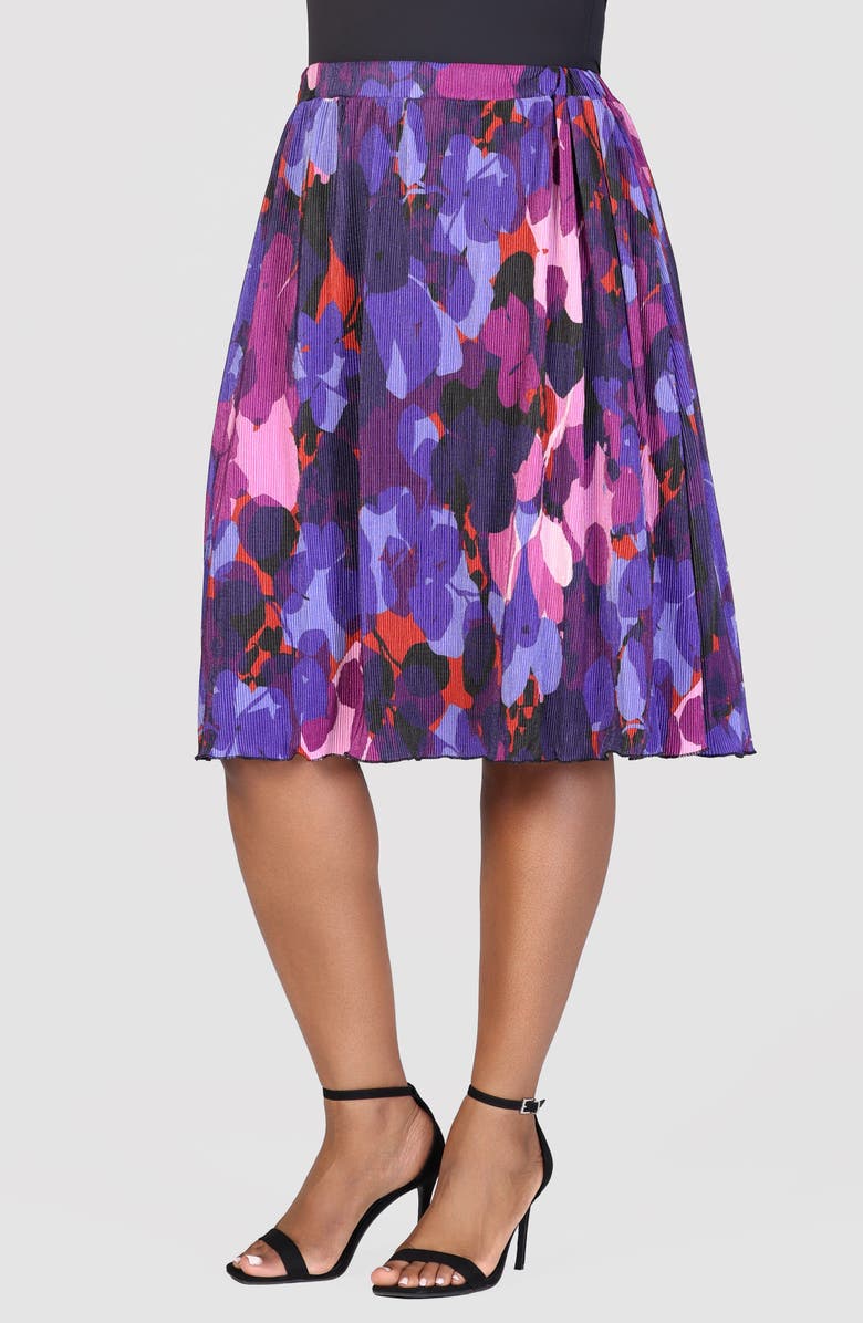 24seven Comfort Apparel Shimmery Pleated Floral Skirt, Alternate, color, Purple Multi