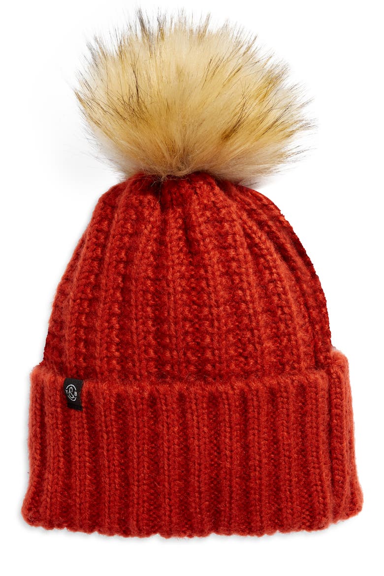 Cuffed Beanie with Faux Fur Pom, Main, color, RED PERSIMMON