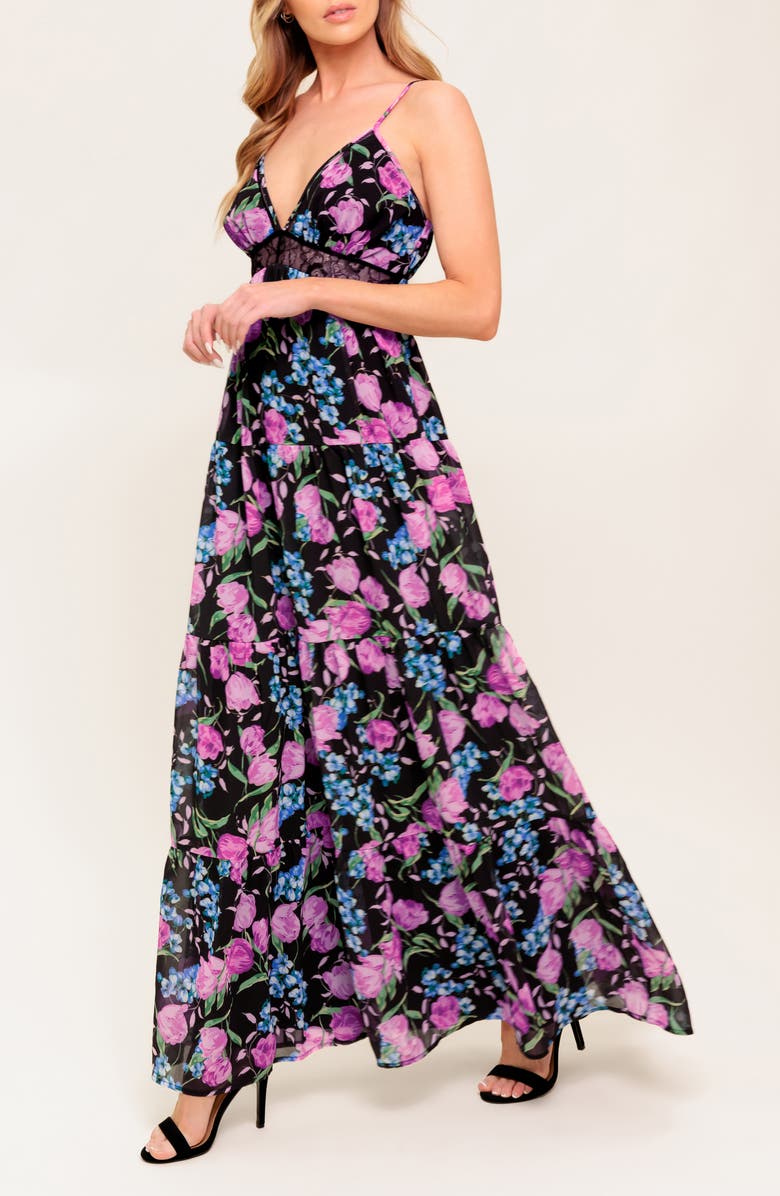 FLYING TOMATO Floral Lace Maxi Dress, Alternate, color, Black