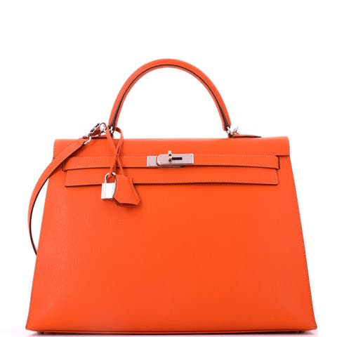 Kelly Handbag Orange Epsom with Palladium Hardware 35