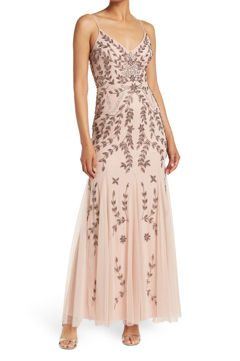 Beaded V-Neck Gown, Main, color, BLUSH