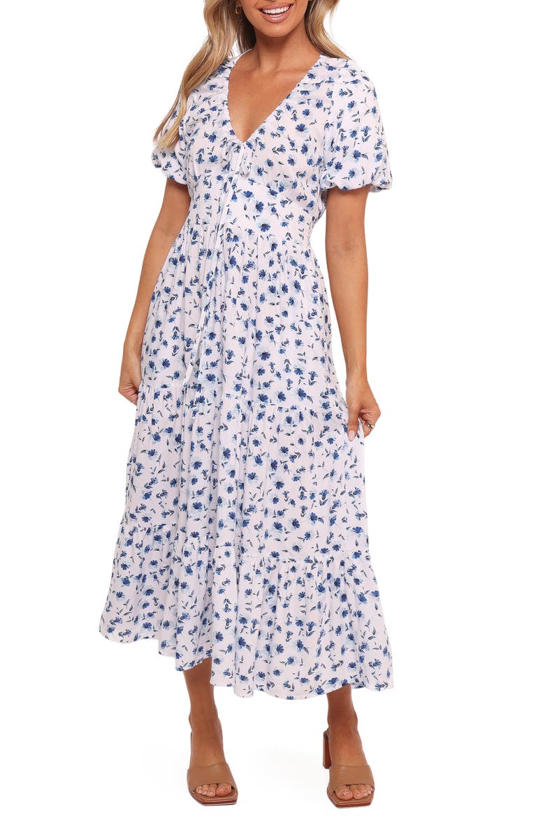 Roberts Floral Puff Sleeve Cotton Midi Dress, Main, color, BLUE DITSY FLORAL