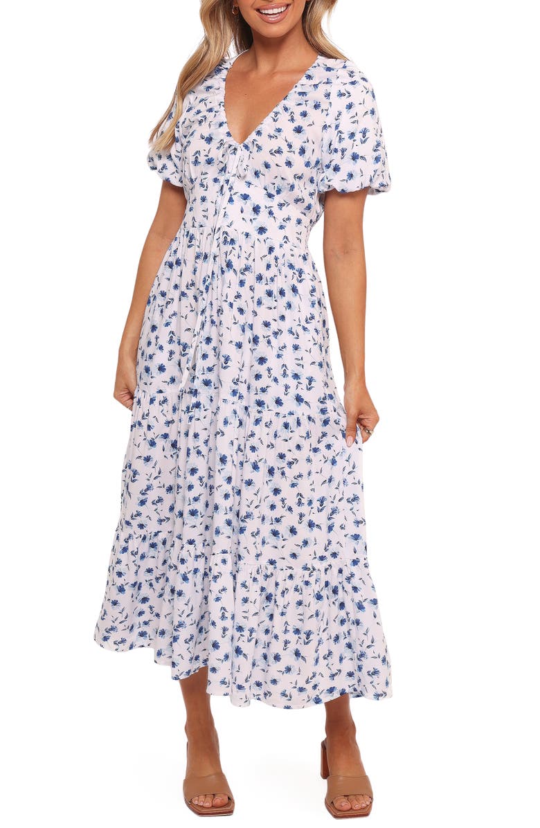 Petal & Pup Roberts Floral Puff Sleeve Cotton Midi Dress, Main, color, Blue Ditsy Floral