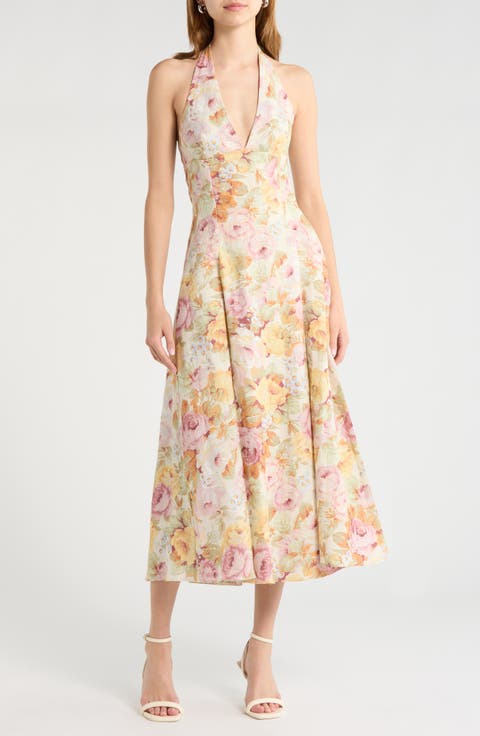 Murano Floral Linen Halter Dress
