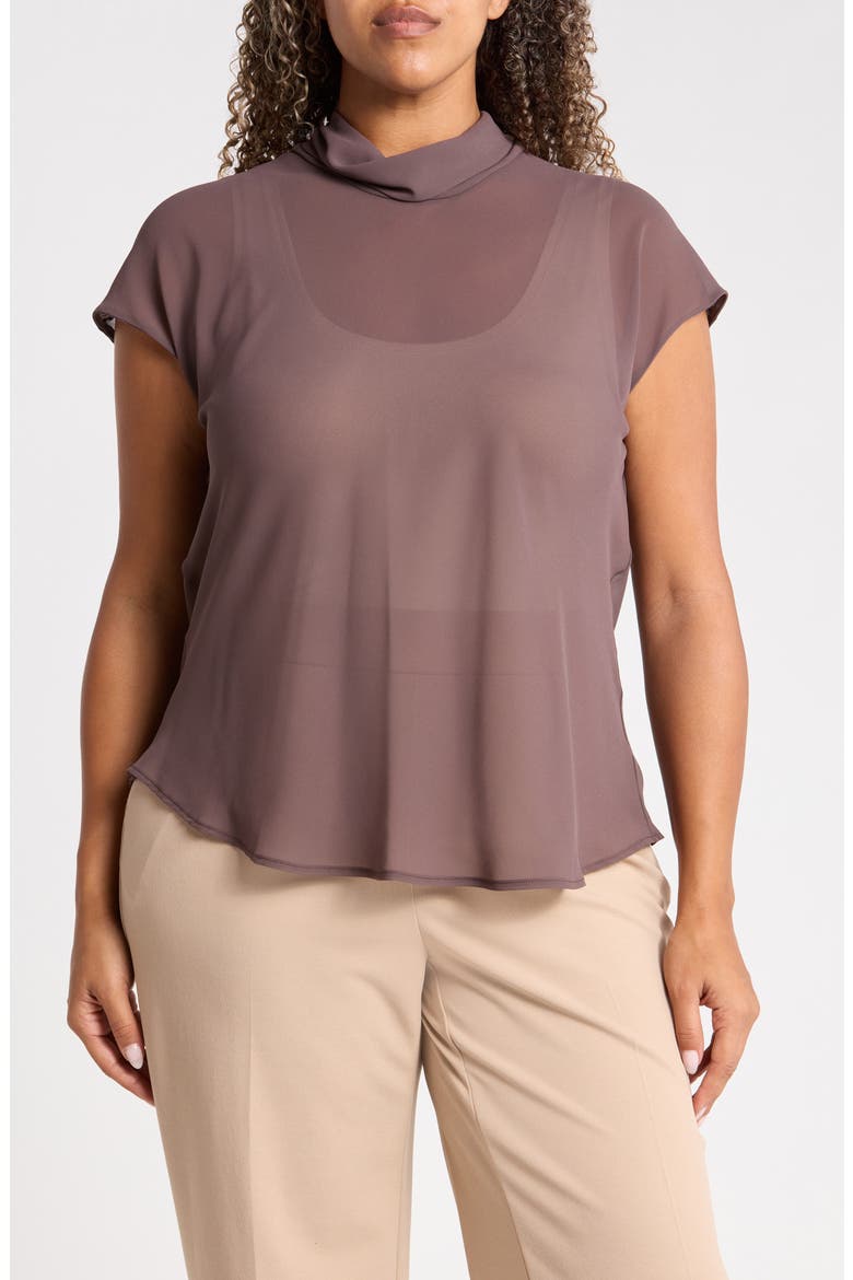 Cowl Neck Scarf Detail Sheer Top, Main, color, BROWN