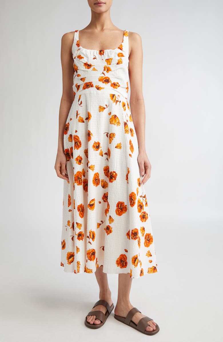 Emilia Wickstead Verena Poppies Print Clip Dot Seersucker Midi Dress, Main, color, Orange Poppies