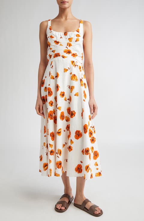 Verena Poppies Print Clip Dot Seersucker Midi Dress