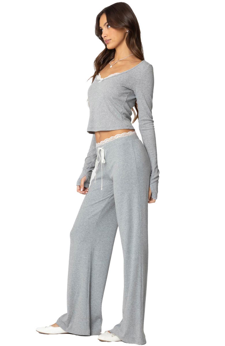 EDIKTED Peekaboo Lace Trim Knit Wide Leg Pants, Alternate, color, Gray-Melange