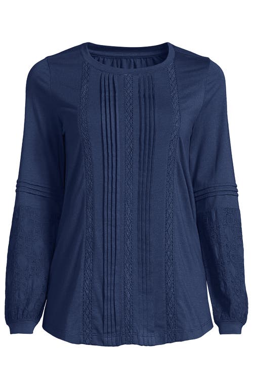 Lands' End Lightweight Jersey Lace Mix Long Sleeve Pintuck Top In Blue