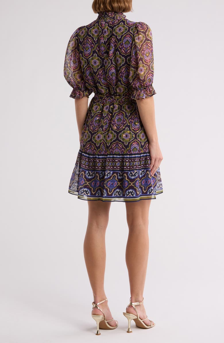 Eliza J Mock Neck Smocked Dress, Alternate, color, Olive Navy