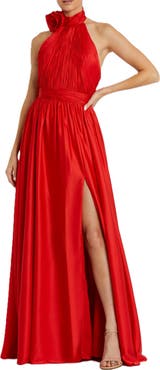 Mac Duggal Women's Soft Tie Halter Neck High Slit Gown