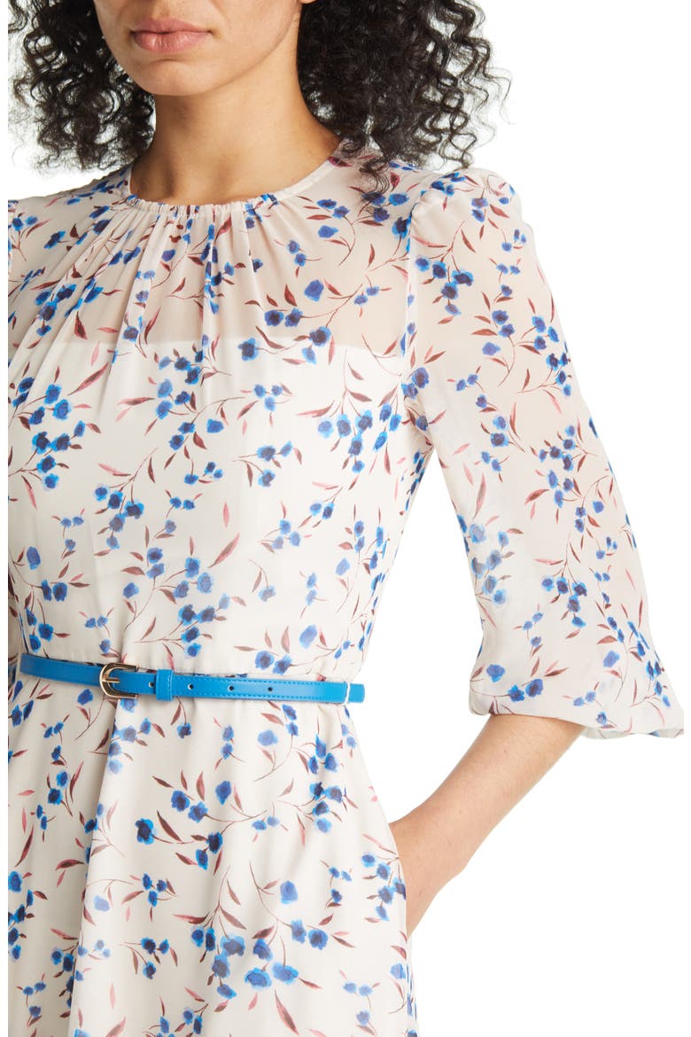 Floral Print Belted Midi Dress, Alternate, color, IVORY