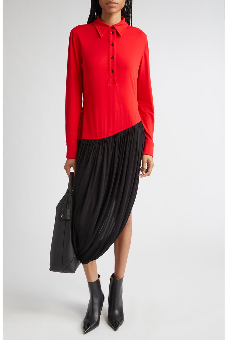 Asymmetric Colorblock Long Sleeve Shirtdress, Main, color, NEW RED