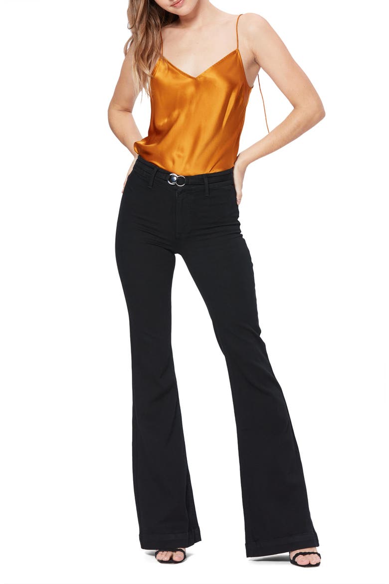 Transcend Genevieve High Rise Buckle Flare Jeans, Alternate, color, BLACK SHADOW