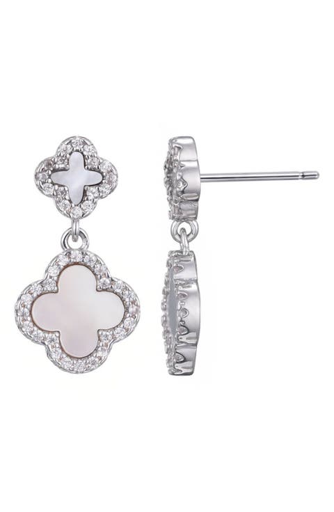 Pavé CZ Double Clover Drop Earrngs