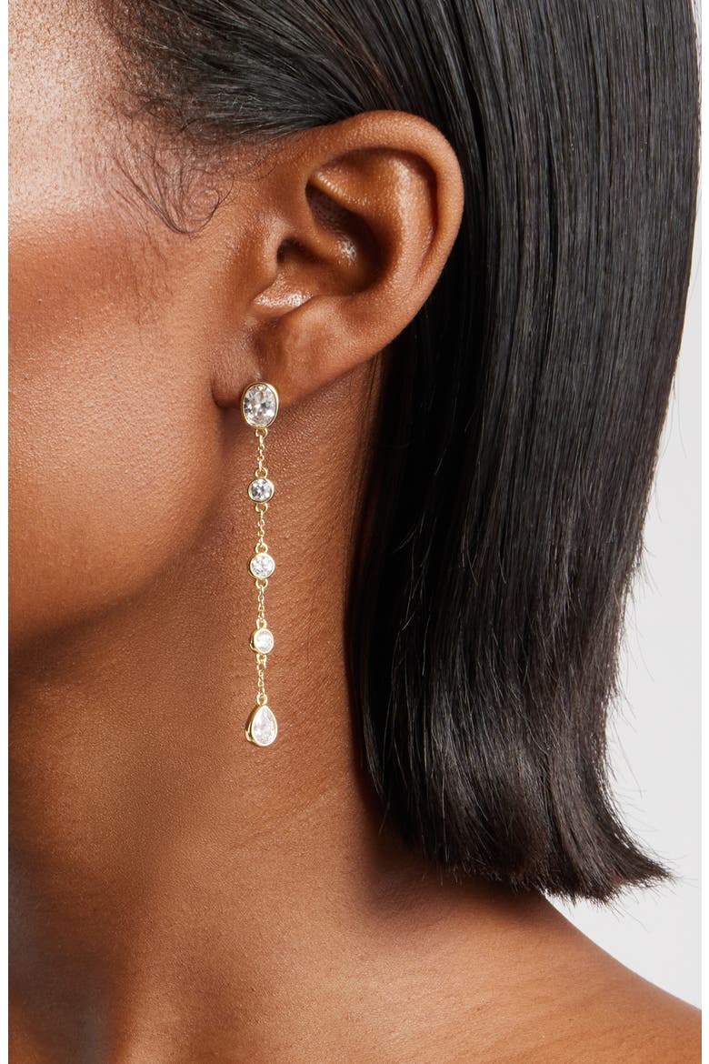 Bezel Cubic Zirconia Linear Drop Earrings, Alternate, color, CLEAR- GOLD