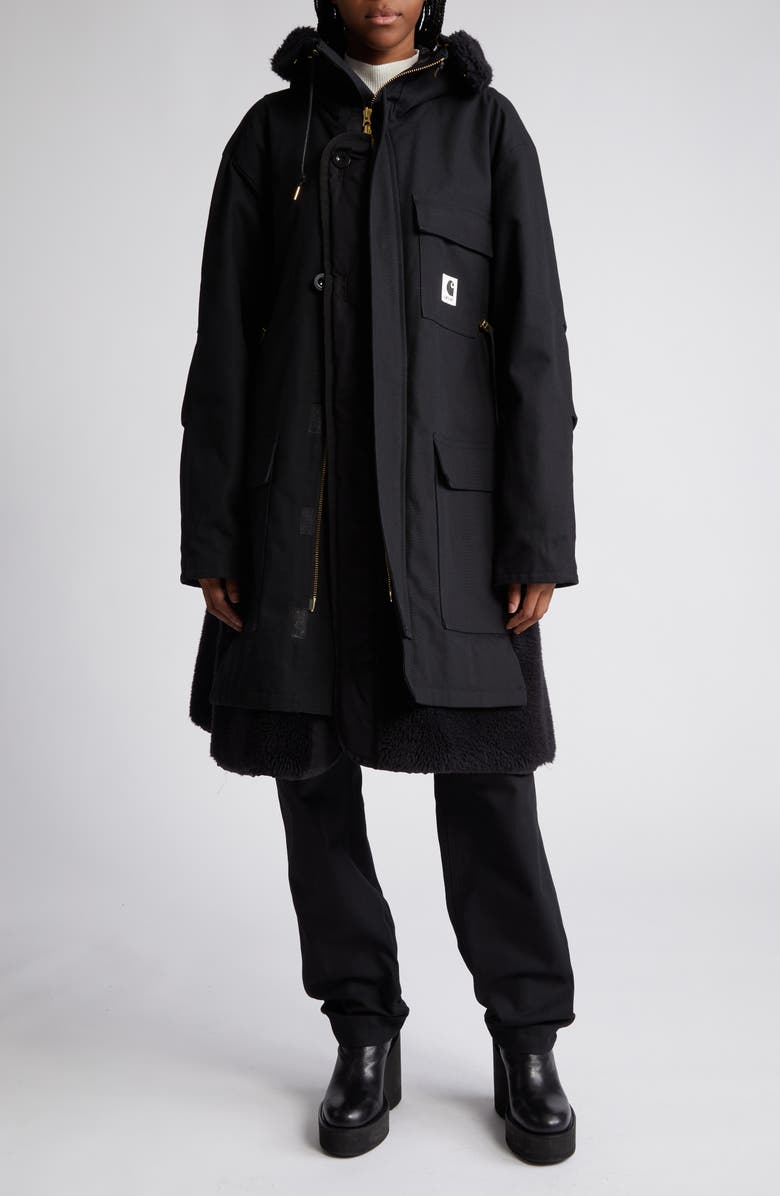 Sacai Carhartt WIP Cotton & Faux Shearling Parka, Main, color,