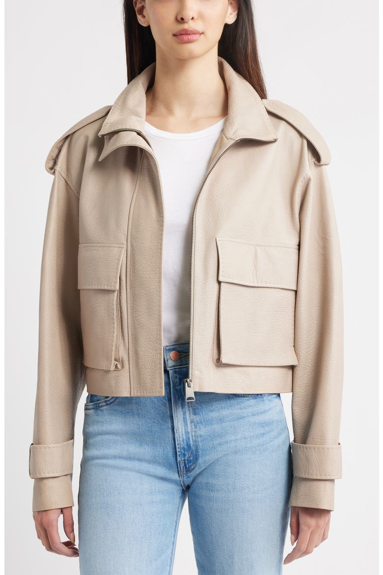 Maeve Crop Leather Moto Jacket (Nordstrom Exclusive), Alternate, color, FAWN