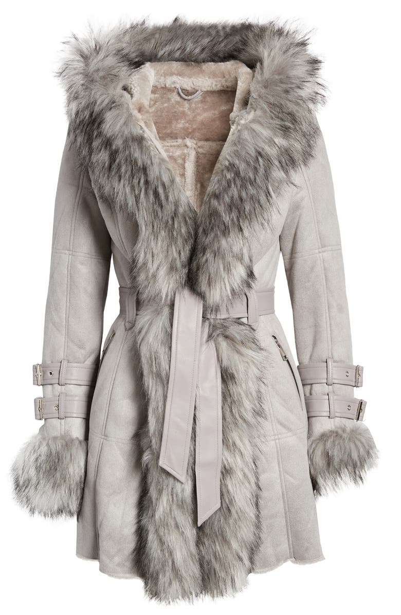 AZALEA WANG Belted Trench Coat with Faux Fur Trim, Alternate, color,