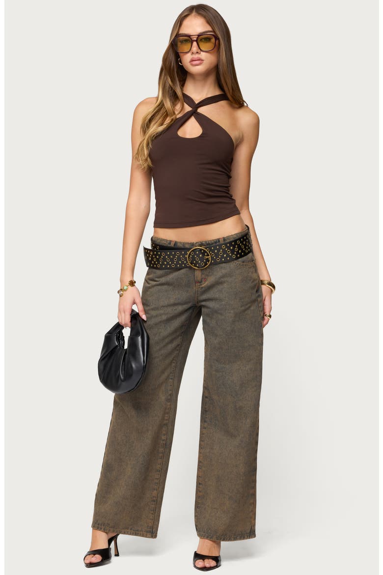 Dariah Twist Crisscross Cutout Halter Top, Alternate, color, DARK-BROWN