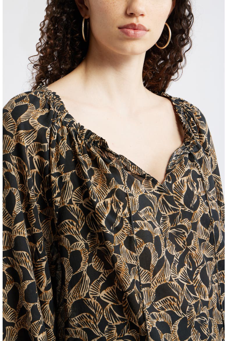 Ruffle Neck Tie Front Top, Alternate, color, BLACK- TAN LEAF GLOBAL
