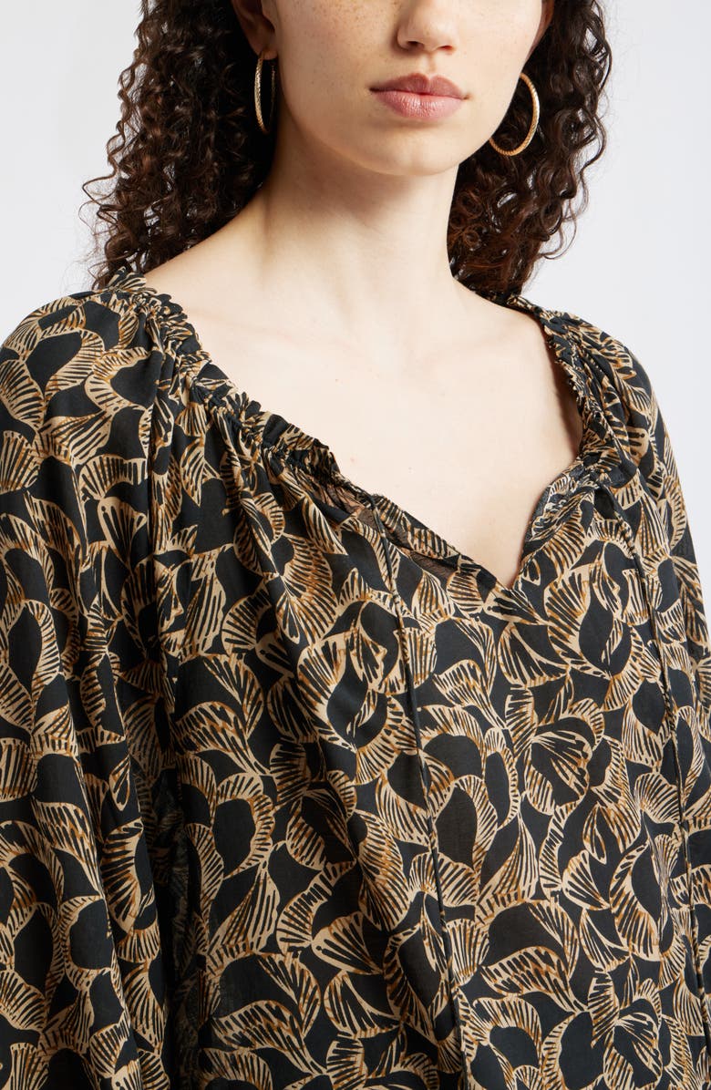 Nordstrom Ruffle Neck Tie Front Top, Alternate, color, Black- Tan Leaf Global