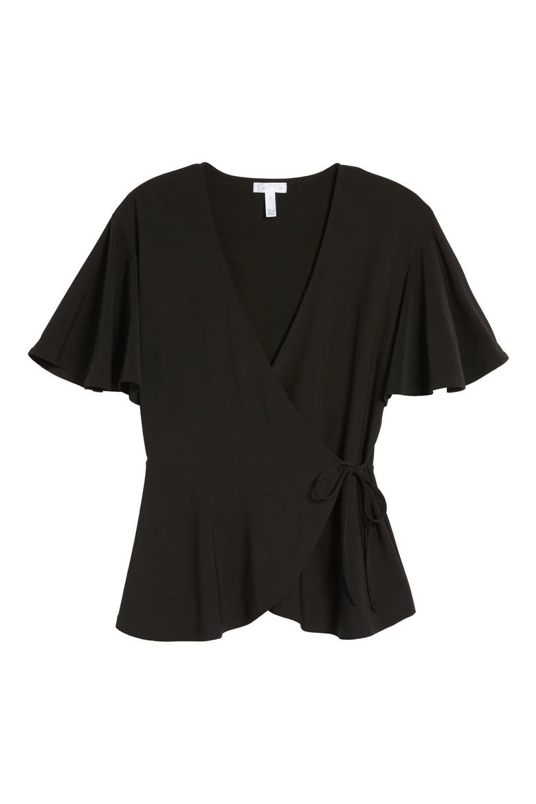 Flounce Sleeve Faux Wrap Top, Alternate, color, BLACK