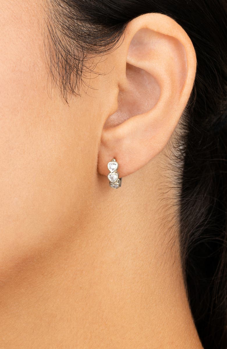 Sterling Forever Jorlyn Cubic Zirconia Heart Micro Huggie Hoop Earrings, Alternate, color, Silver