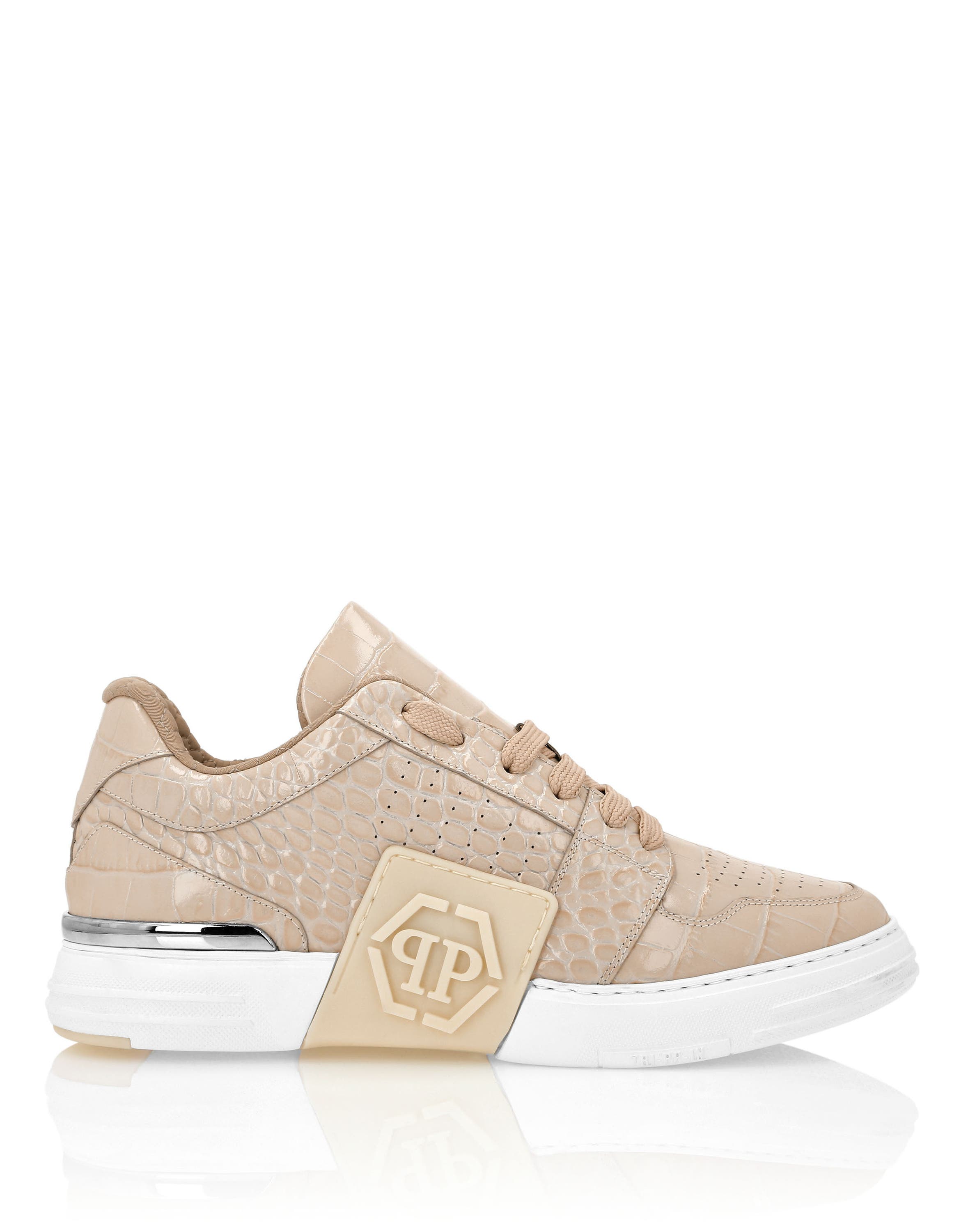 Croco Printed Leather Lo-Top Sneakers Hexagon Unisex, Alternate, color, beige