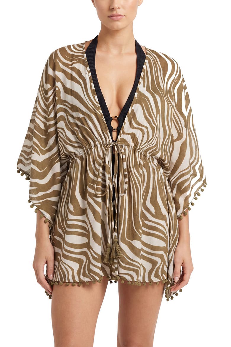 Audrey Short Drawstring Caftan Cover-Up, Alternate, color, Serengeti
