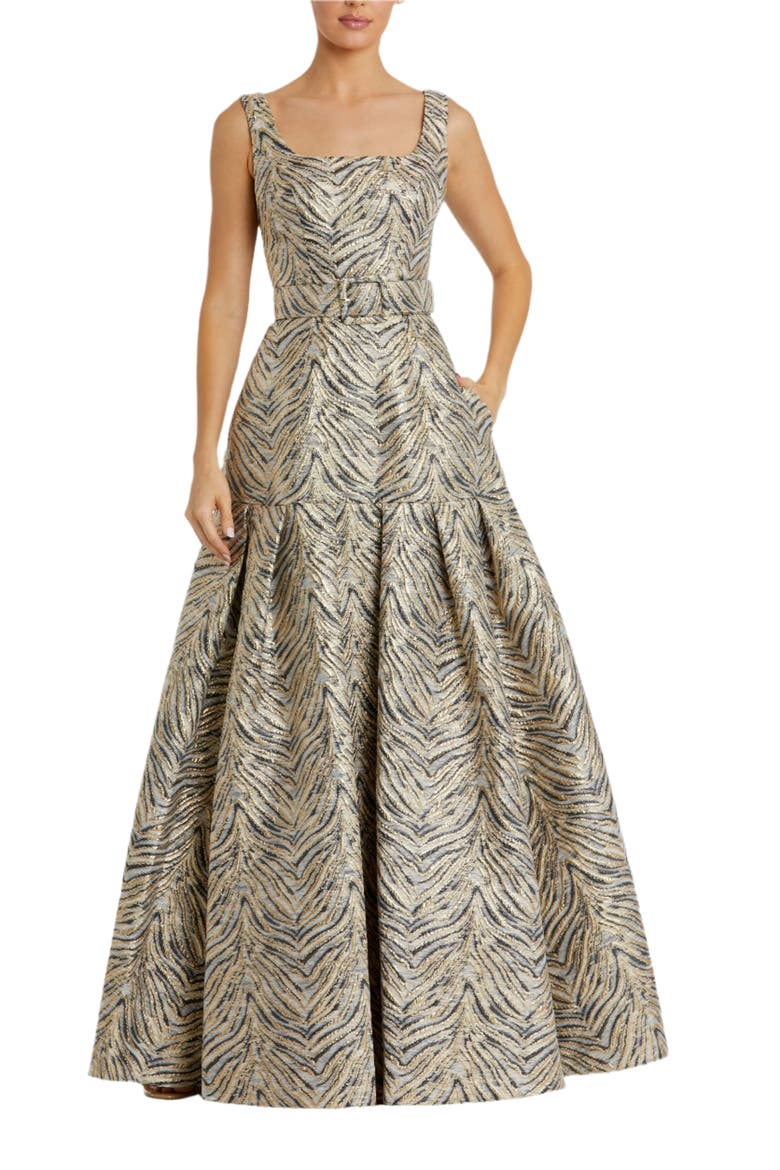 Metallic Zebra Print Sleeveless A-Line Gown With Belt, Main, color, Gold
