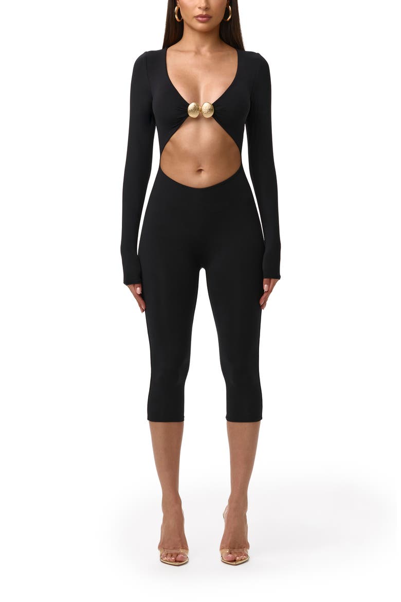 V-Cutout Capri Jumpsuit, Main, color, BLACK