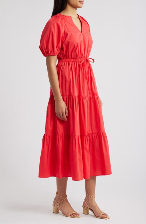 Anne Klein Tiered Puff Sleeve Midi Dress In Hibiscus Red