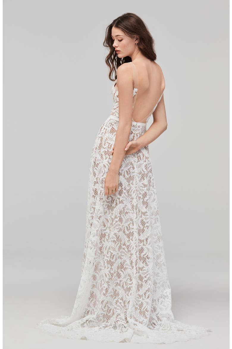 Asa Plunge Neck Lace A-Line Wedding Dress, Alternate, color, IVORY/SUNKISS