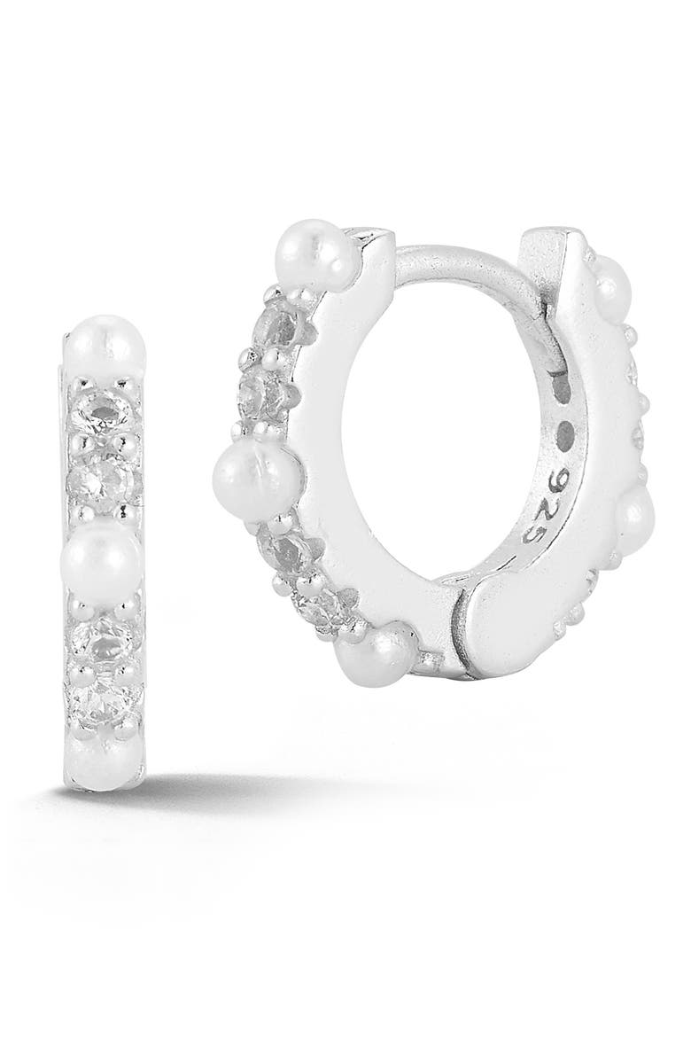 Cultured Pearl & Cubic Zirconia Huggie Hoop Earrings, Main, color, SILVER