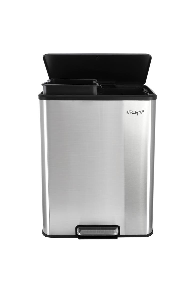 60 Liter 2 Compartment Large 8 Gallon Split Stainless Steel Step Trash Bin with Slow Close Mechanism, Main, color, Silver