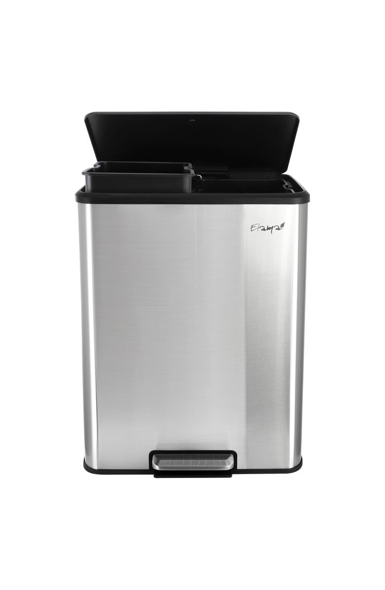 Elama 60 Liter 2 Compartment Large 8 Gallon Split Stainless Steel Step Trash Bin with Slow Close Mechanism, Main, color, Silver