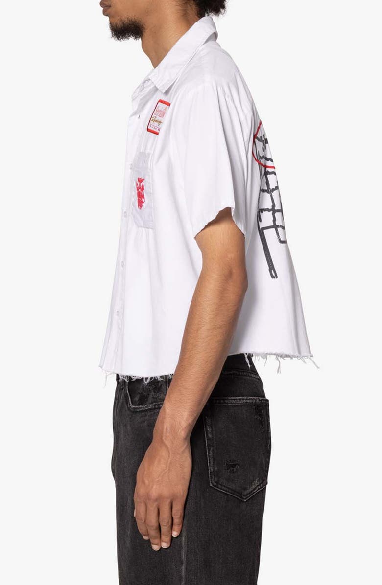 mnml SHRC Checkered Flad Short Sleeve Cotton Graphic Button-Up Shirt, Alternate, color, White