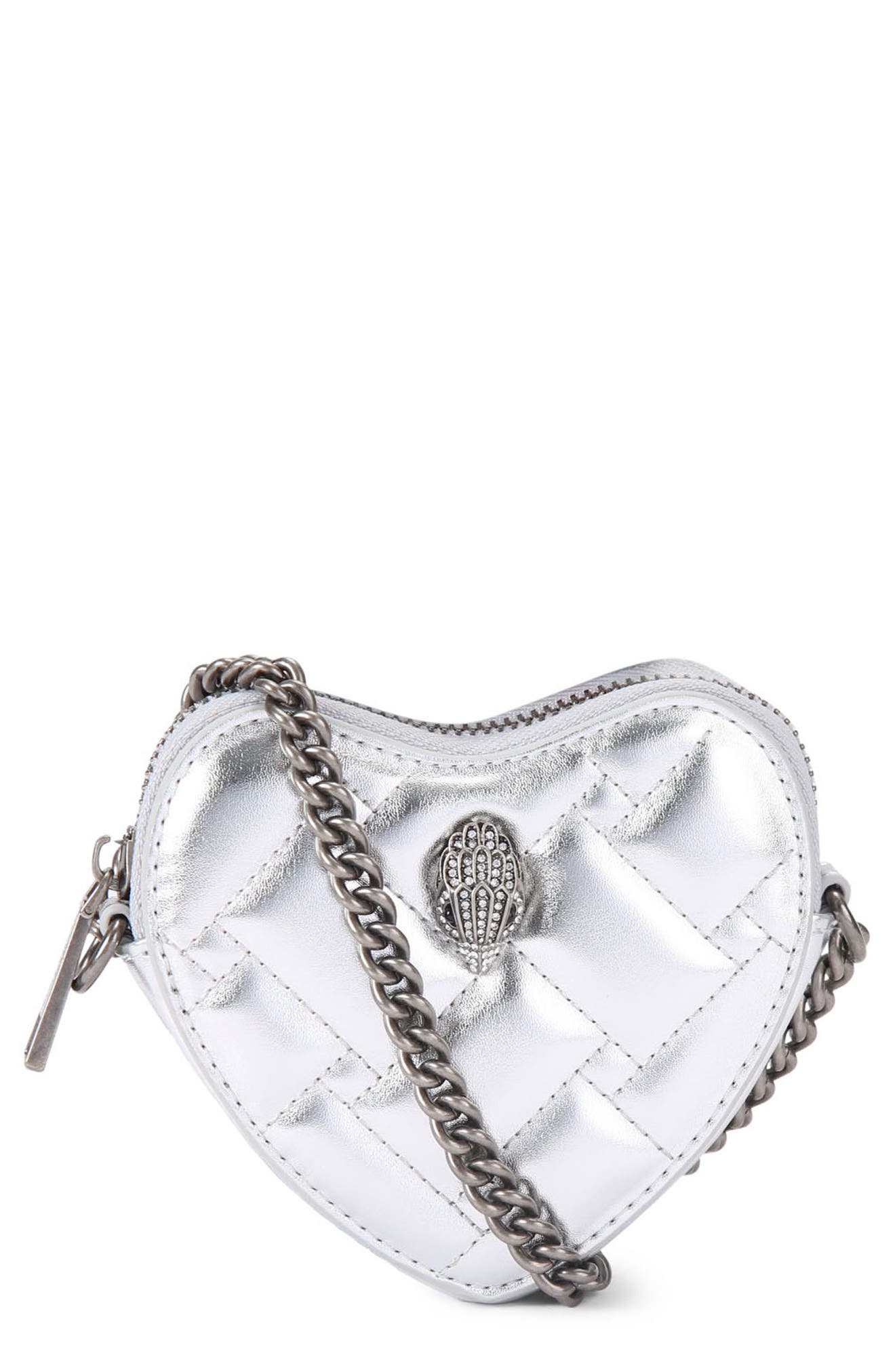 Kurt Geiger London Micro Heart Leather Crossbody Bag, Main, color, Silver