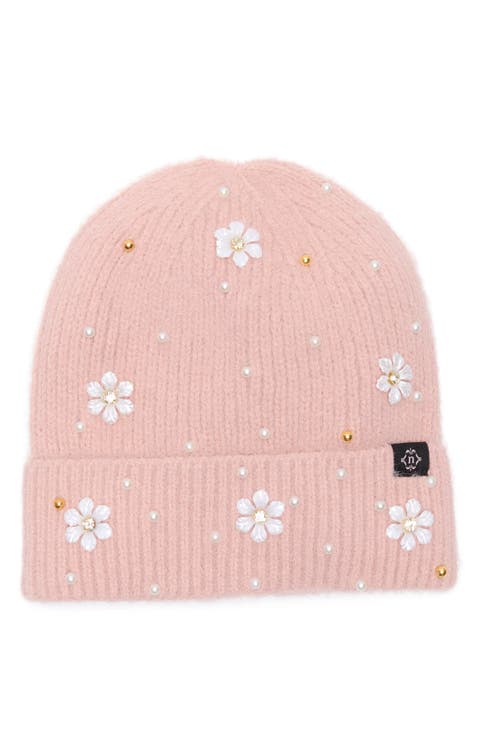 Faux Pearl Flower & Bead Knit Cuffed Beanie