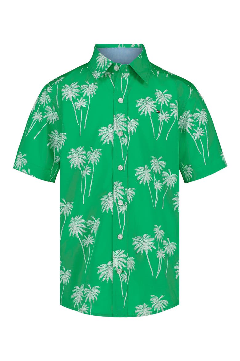 Kids' Palm Print Short Sleeve Button-Up Shirt, Main, color, ISLAND GREEN