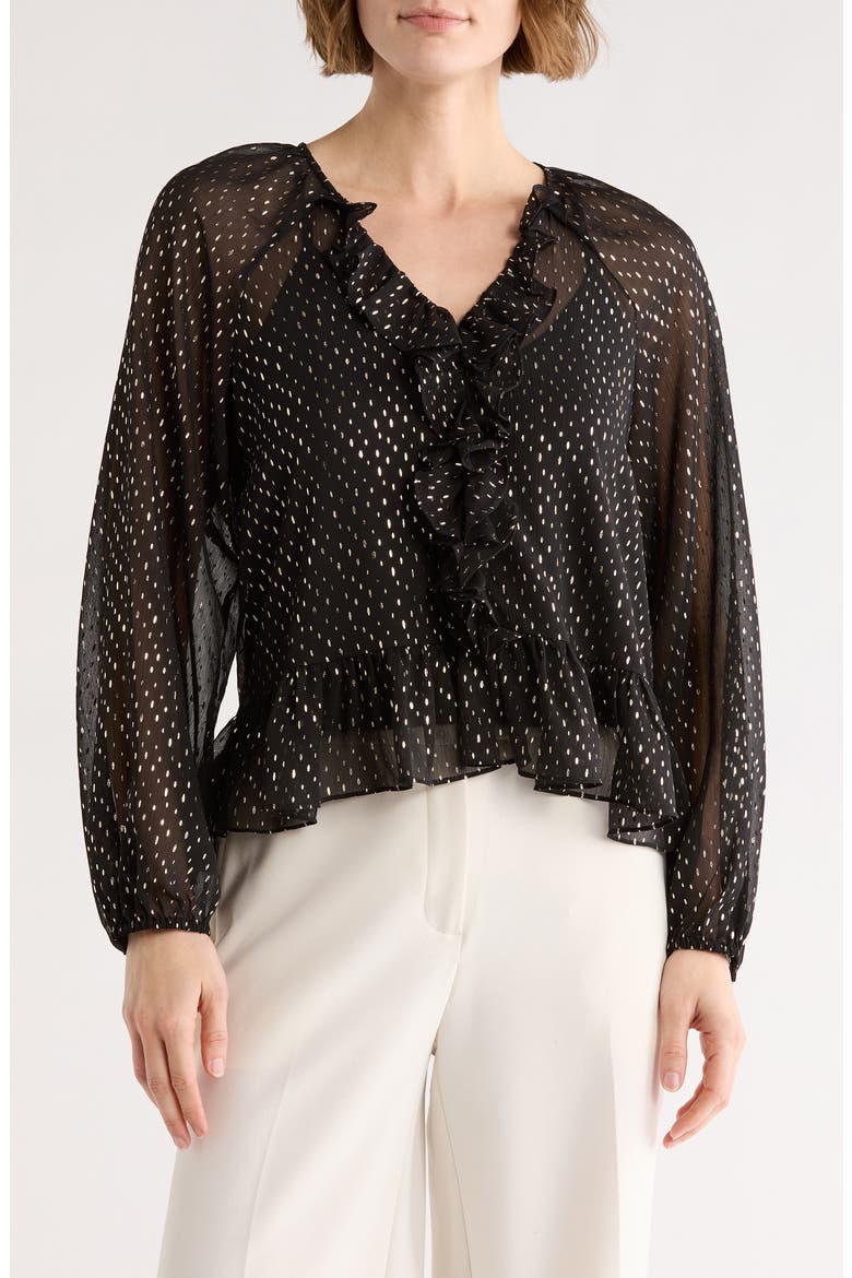 Metallic Print Ruffle Sleeve Chiffon Top, Main, color, RICH BLACK